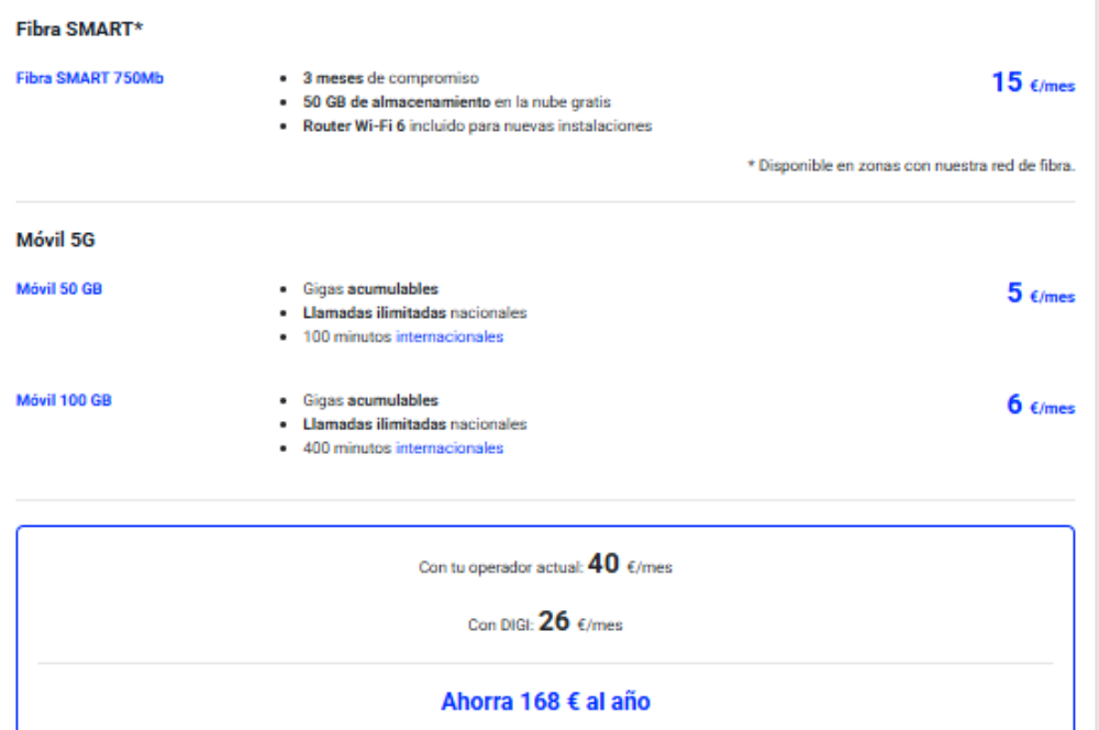 Comparador de precios de fibra móvil propuesta Digi
