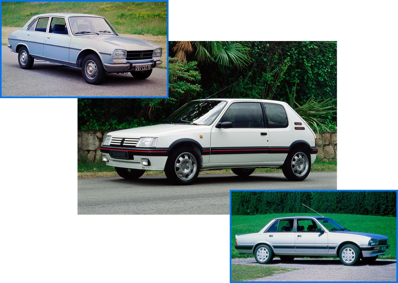 De arriba a abajo: Peugeot 405, Peugeot 205, Peugeot 505.