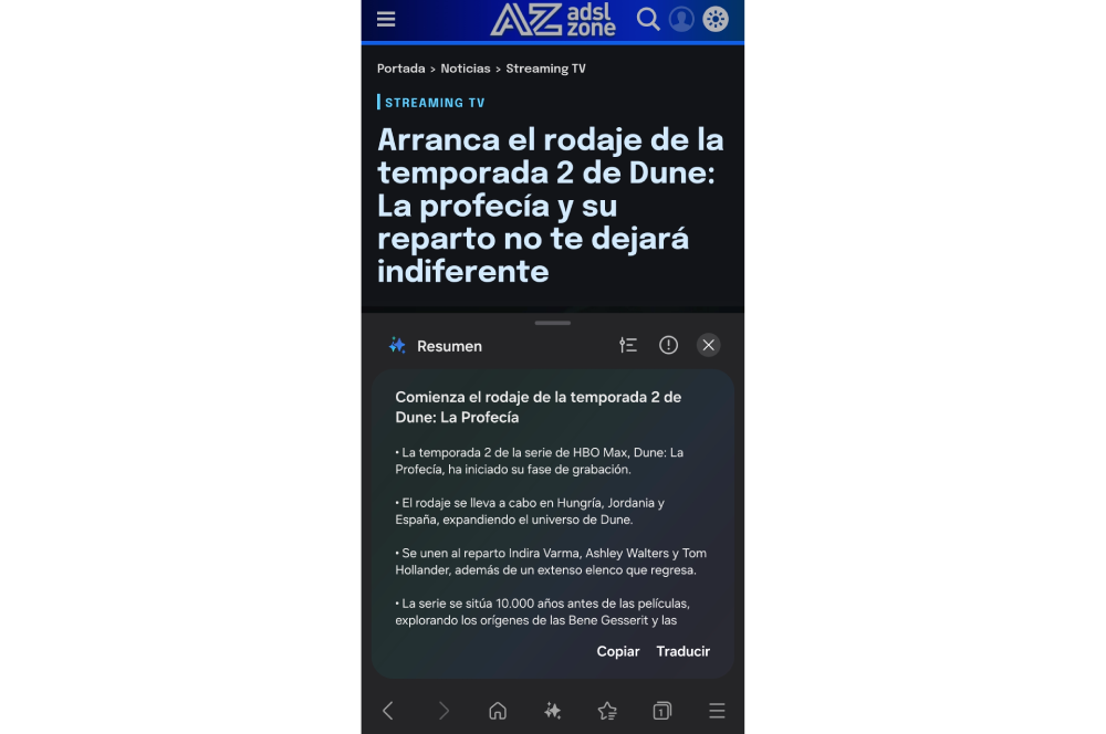 El menú de funciones Galaxy AI en Samsung Browser incluye opciones para resumir, traducir y leer aspectos destacados en voz alta