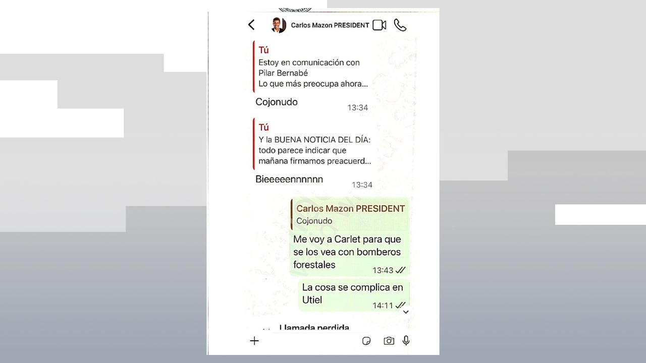 El WhatsApp de Mazón a Pradas al conocer que «preocupa» el barranco del Poyo el día de la Dana: «Cojonudo»