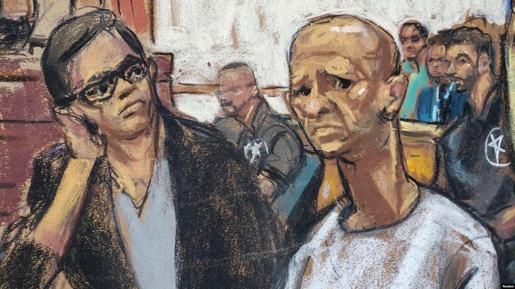 Ilustración del momento en que el Hugo Armando 'El Pollo' Carvajal, asiste a la primera audiencia ante la corte de Nueva York