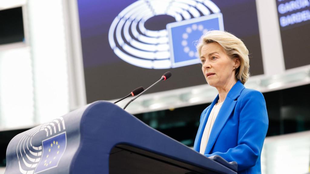 La presidenta de la Comisión, Ursula von der Leyen, durante su intervención este miércoles en el Parlamento Europeo