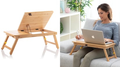 Bandeja de bambú con patas para uso en sofá.