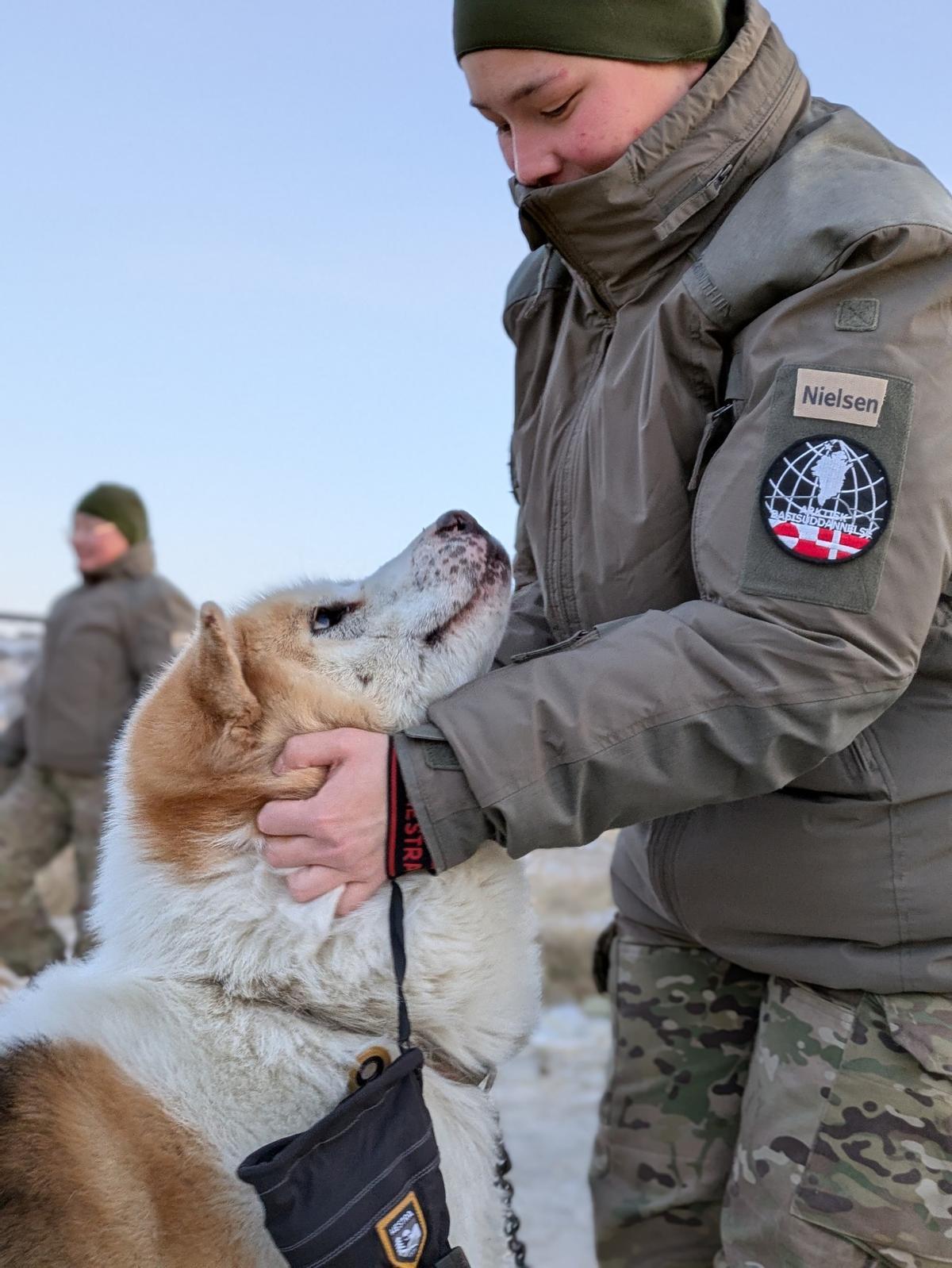 Un soldado de una patrulla danesa del Ártico en Groenlandia, con uno de los perros en su trineo.
