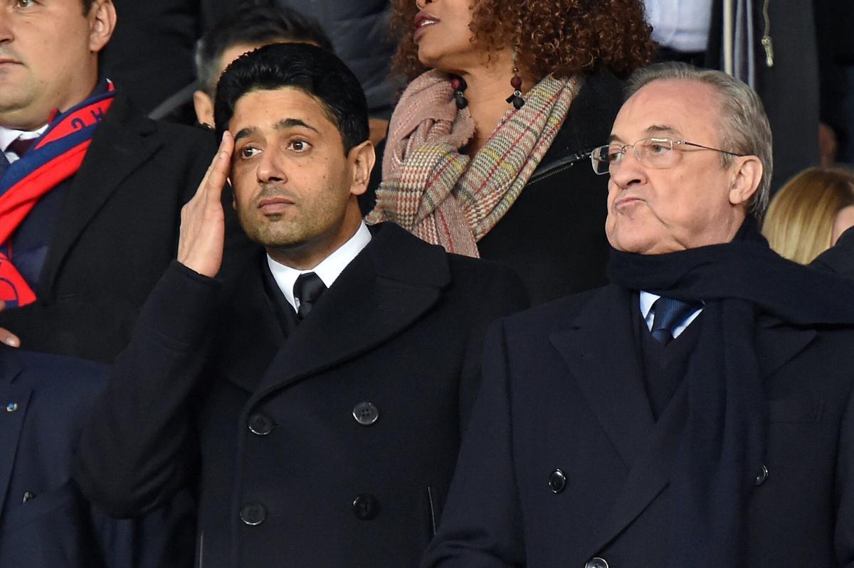 El presidente del Real Madrid, Florentino Pérez, y el del Paris Saint Germain, Nasser Al-Khelaifi, en un partido de 2018.