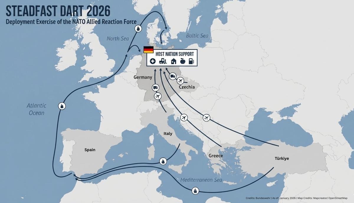 Mapa esquemático del despliegue de fuerzas en el ejercicio Steadfast Dart 26, publicado por el ejército alemán