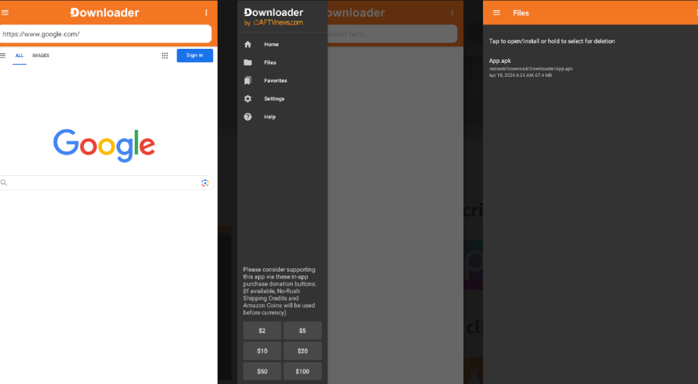 Pantalla principal de la aplicación Downloader en Fire TV