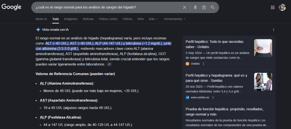 Resultados de Google rango normal sangre hígado