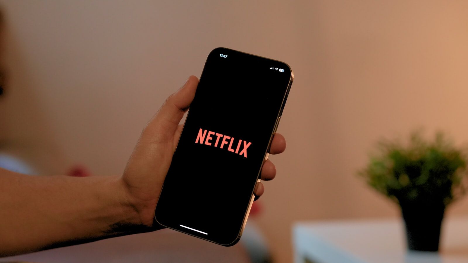 Sosteniendo un teléfono móvil con el logo de Netflix
