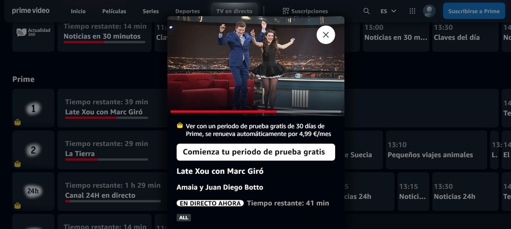 1 en la interfaz de Prime Video