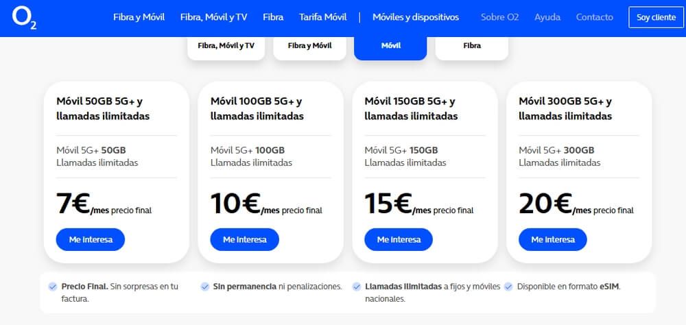 Tarifas de O2 para enero de 2026