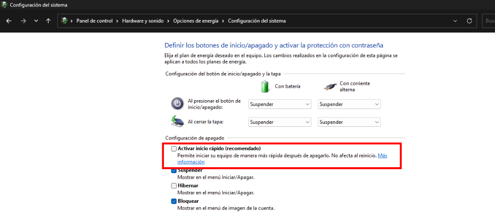 Desmarque Inicio rápido de Windows