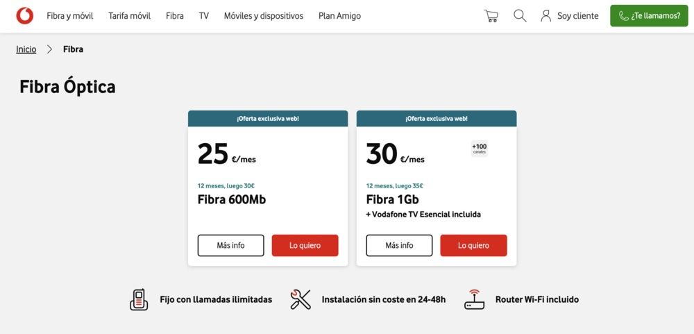 Tarifas de fibra Vodafone
