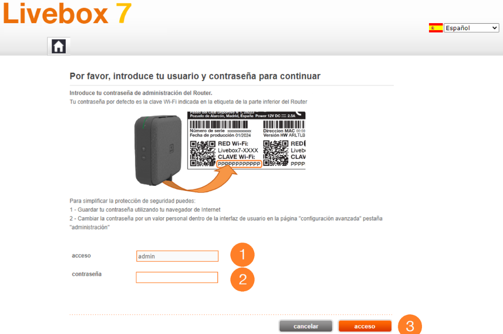 Inicie sesión para configurar el enrutador Orange Livebox 7