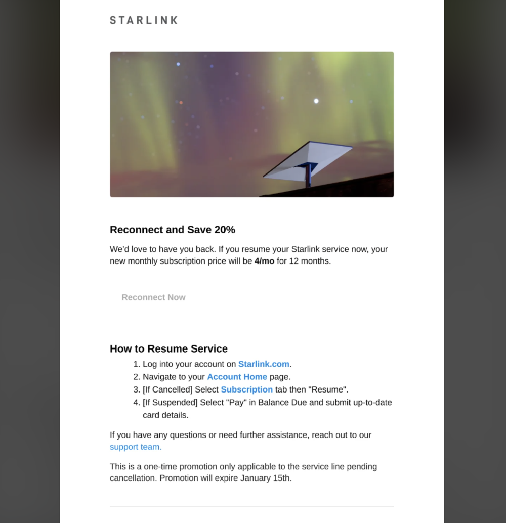 Imagen del correo electrónico de Starlink
