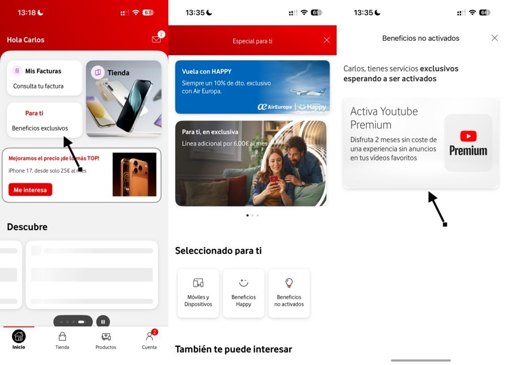 Imágenes de la app de Vodafone