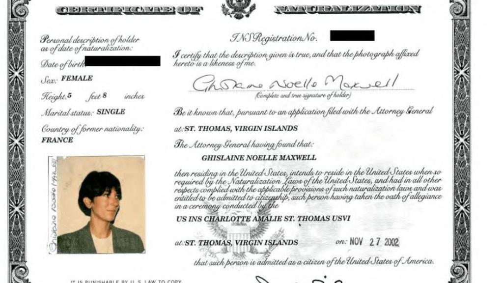 Certificado de residencia de Maxwell en la isla Epstein