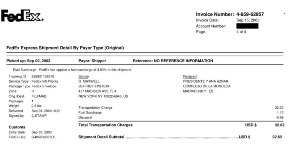 Recepción de un paquete de Epstein a nombre de José María Aznar a Moncloa.