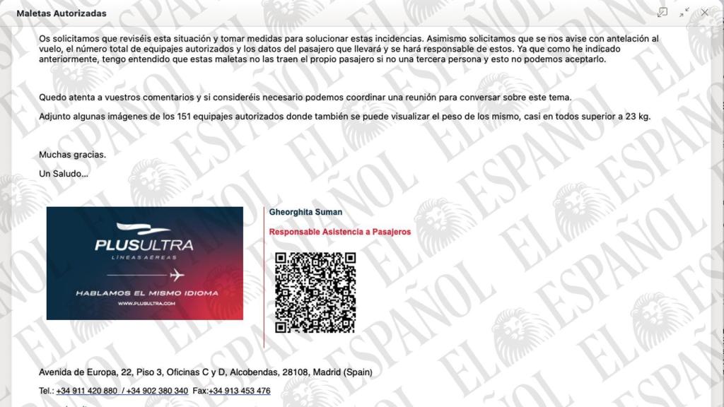 E-mail de la responsable de Asistencia a Pasajeros de Plus Ultra a Punta Aérea sobre las maletas autorizadas