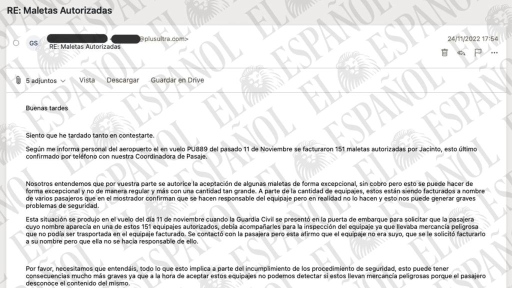 E-mail de Plus Ultra a Punta Europa, sobre las maletas autorizadas