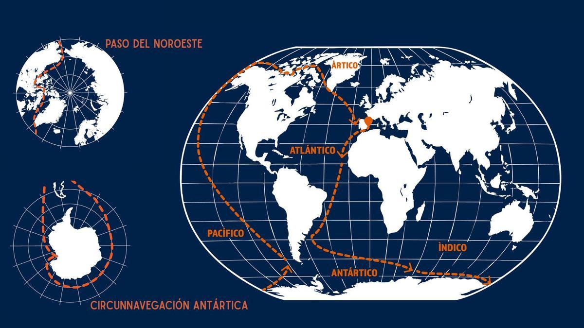 Mapa con la ruta que seguirá la expedición durante su viaje vertical alrededor del mundo.