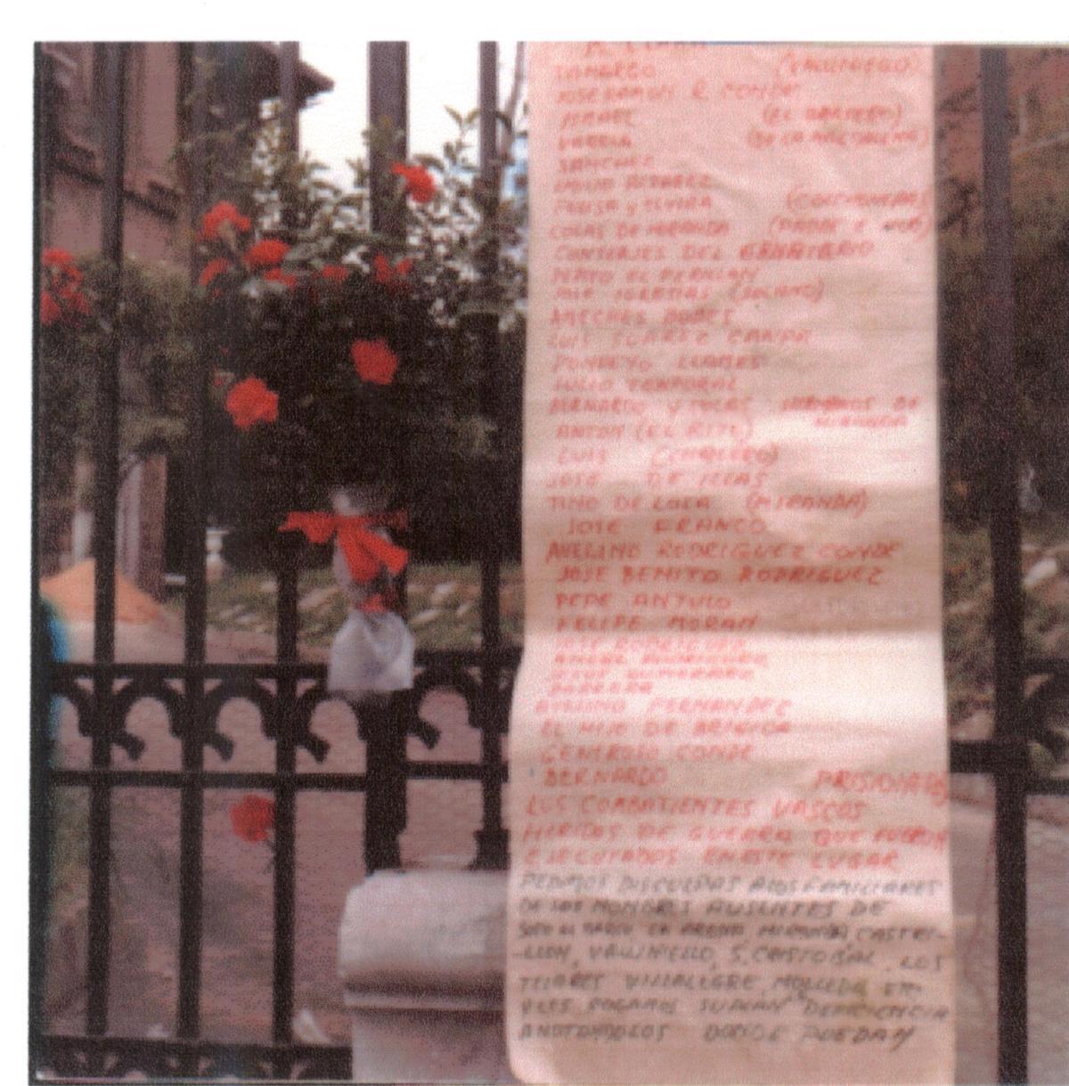 Lista de nombres colocados por la CNT en la puerta de la Quinta Pedregal en 1978.