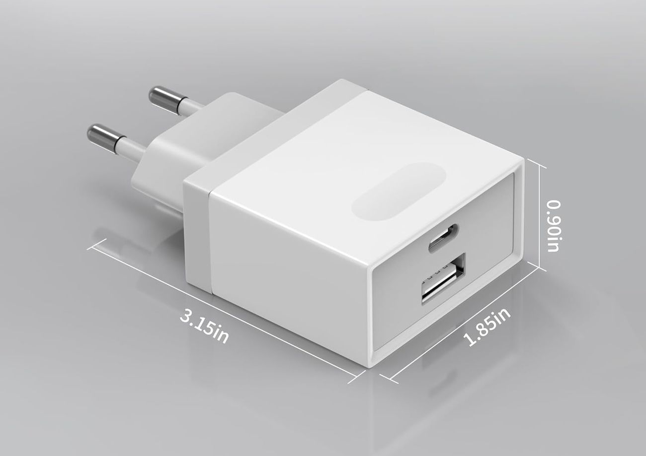 La infografía muestra el tamaño compacto del cargador Wufuera de 20W, perfecto para viajar