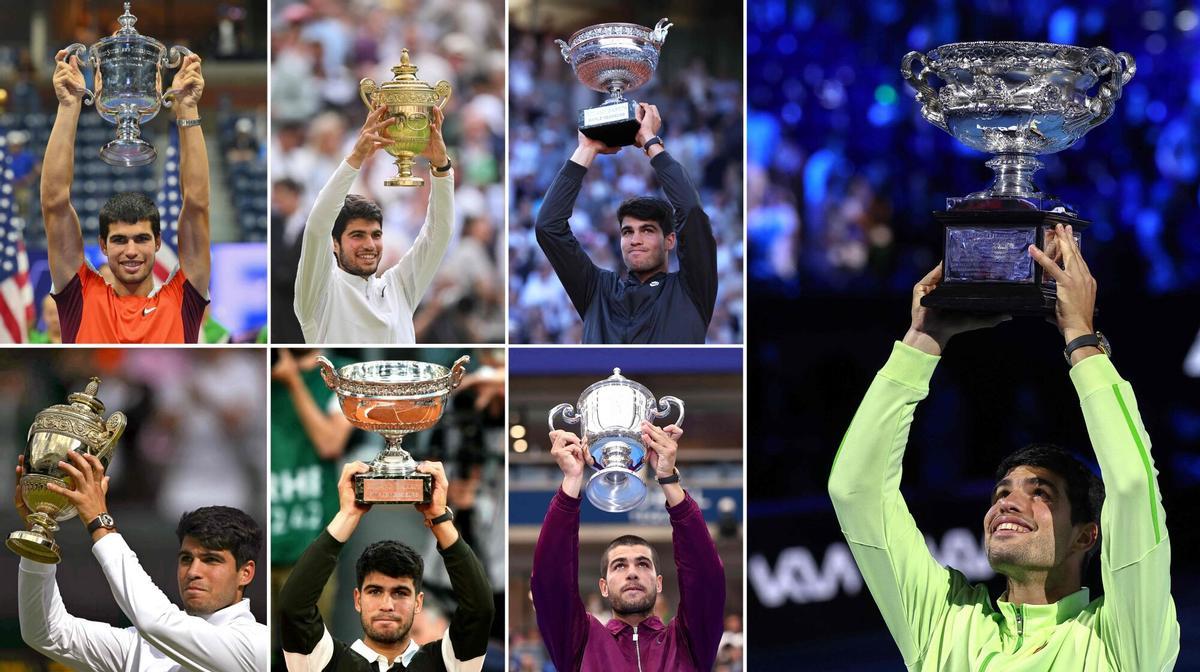 TOPSHOT - (COMBO) Esta foto combinada creada el 1 de febrero de 2026 muestra al español Carlos Alcaraz posando con los trofeos de sus siete victorias en Grand Slam (arriba de izquierda a 2R): el trofeo del US Open en 2022, el trofeo Gentleman's Singles en 2023 y la Copa Mousquetaires en 2024, (abajo L a 2R) el trofeo Gentleman's Singles en 2024, la Copa Mousquetaires y el trofeo del Abierto de Estados Unidos en 2025, y (R) el trofeo de la Copa Desafío Norman Brookes después de ganar la final individual masculina en el torneo de tenis del Abierto de Australia en Melbourne el 1 de febrero de 2026. Carlos Alcaraz superó a Novak Djokovic para ganar su primer Abierto de Australia el 1 de febrero de 2026 y convertirse en el hombre más joven en completar un Grand Slam en su carrera, negándole al gran serbio una oportunidad sin precedentes. 25º mayor. (Foto de AFP) / -- IMAGEN RESTRINGIDA A USO EDITORIAL - ESTRICTAMENTE NO USO COMERCIAL --. -- IMAGEN RESTRINGIDA A USO EDITORIAL - ESTRICTAMENTE NO USO COMERCIAL --