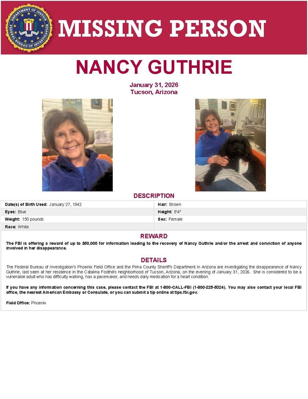 Fotografía proporcionada por el FBI que muestra el cartel de búsqueda de Nancy Guthrie, de 84 años y desaparecida desde la noche del sábado 31 de enero en la ciudad de Tucson, Arizona.