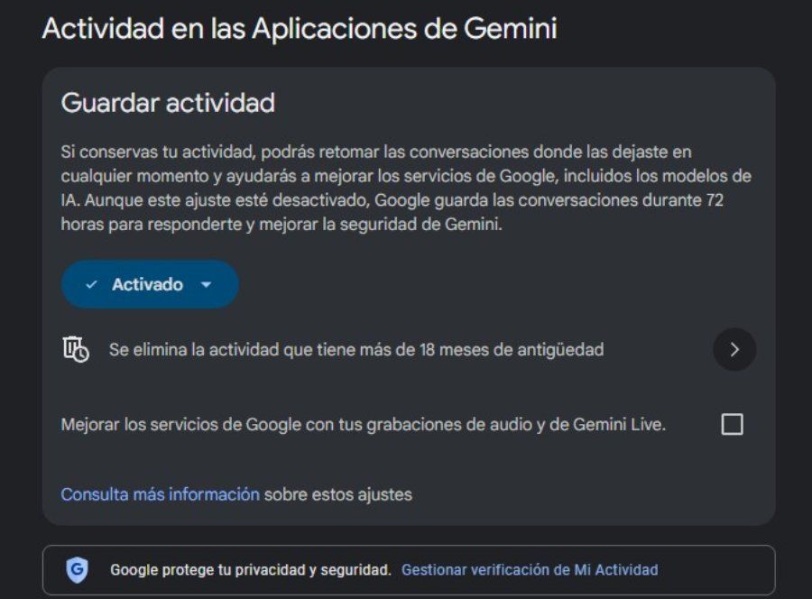 Imagen de la sección Actividad en Gemini Apps