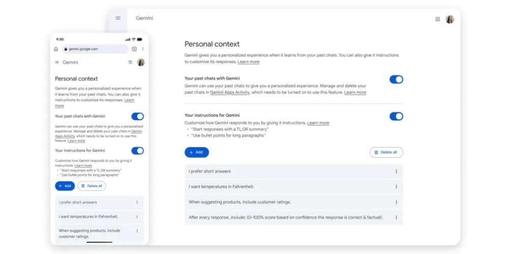 Captura de pantalla de la configuración de chat anterior de Gemini