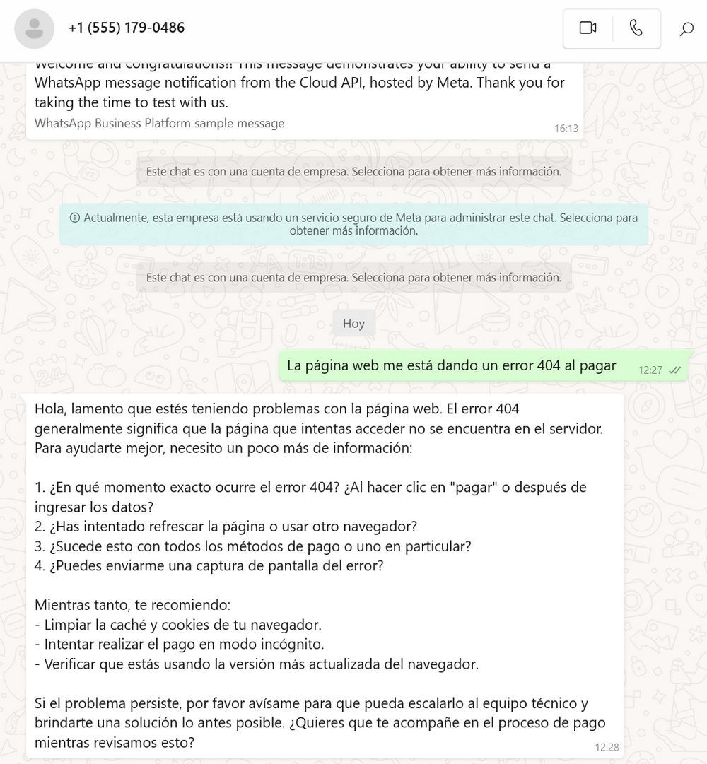 Chat de WhatsApp Business atendiendo una incidencia técnica por un error 404 en el proceso de pago de una web.