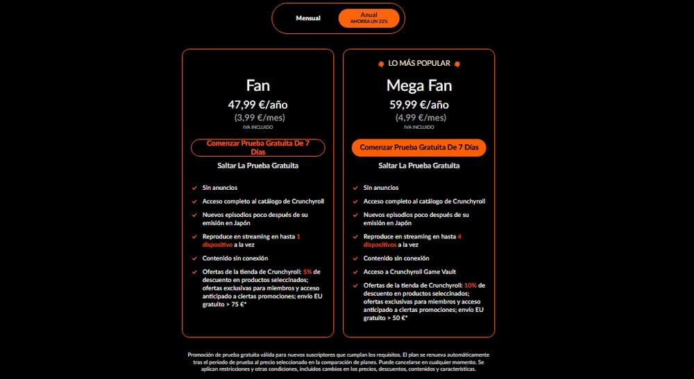 Cuota anual de Crunchyroll febrero 2026