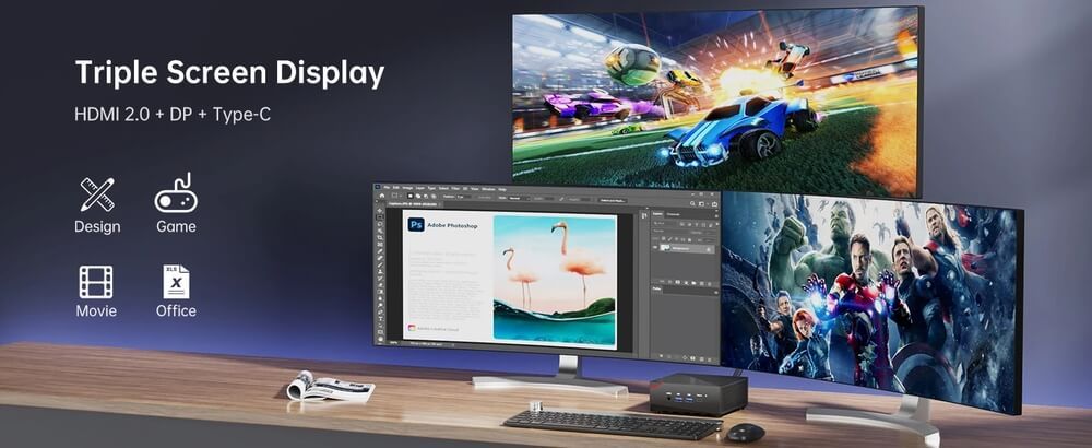 La mini PC Kamrui AMD Ryzen 7 7730U se conecta a tres pantallas