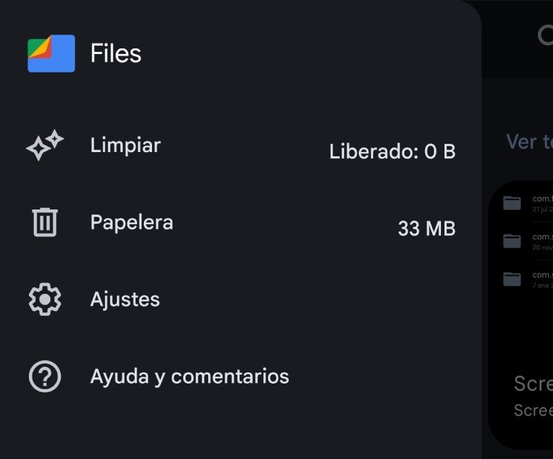 Menú de la aplicación Google Files, opción Papelera seleccionada
