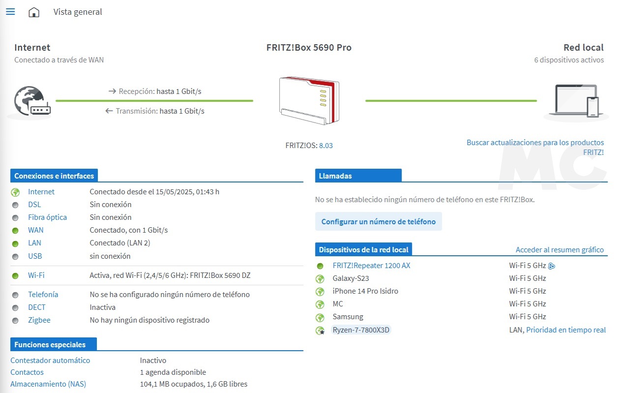 Interfaz del enrutador FRITZ 5690 Pro
