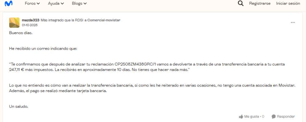 Mensaje de solicitud de reembolso del Mazda303 Movistar