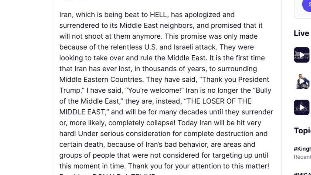 Publicación de Trump en Truth Social.