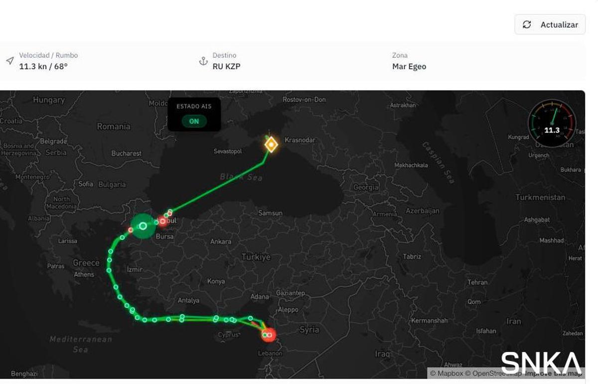 Seguimiento de la posición de un barco ruso en el viaje de Tartus (Siria) a Krasnodar, puerto ruso en el Mar Negro
