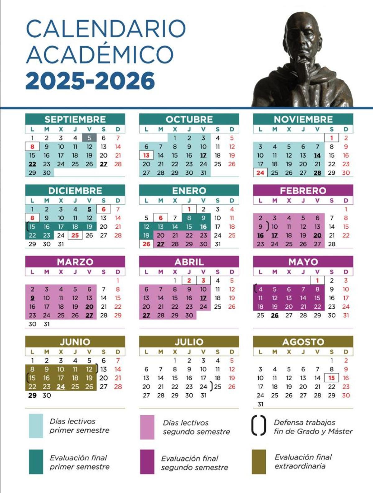 Calendario académico (25-26) de la Universidad de Oviedo