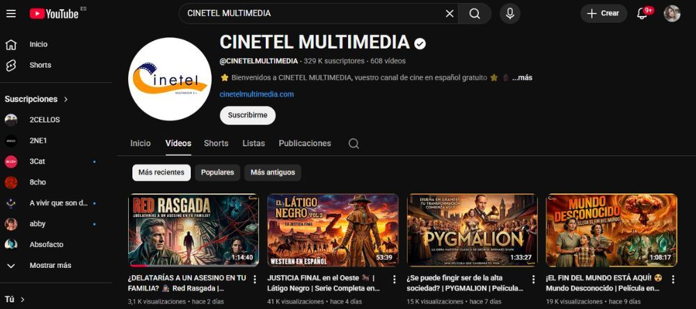 Captura de pantalla del canal CINETEL MULTIMEDIA en YouTube