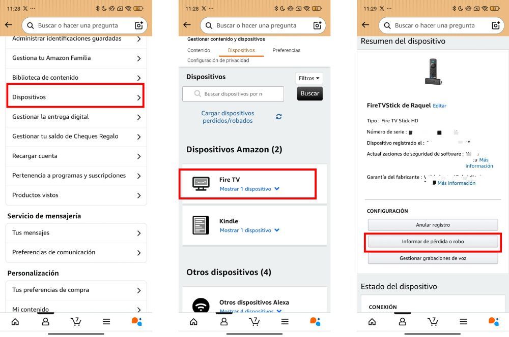 Captura de pantalla del proceso para denunciar la pérdida o el robo de un Fire TV encontrado
