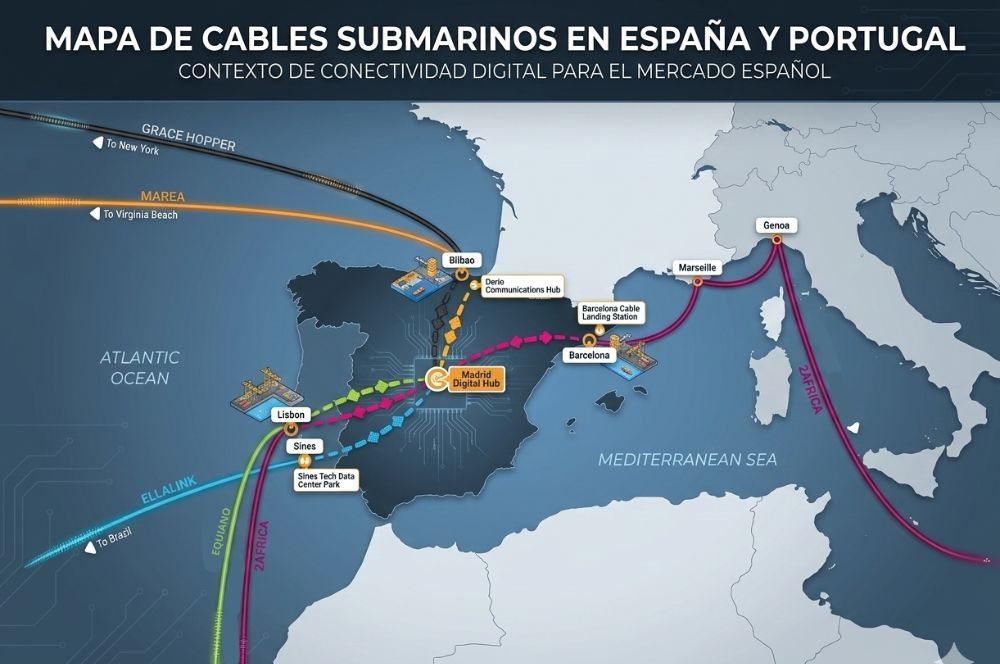 Mapa de cables submarinos importantes en España