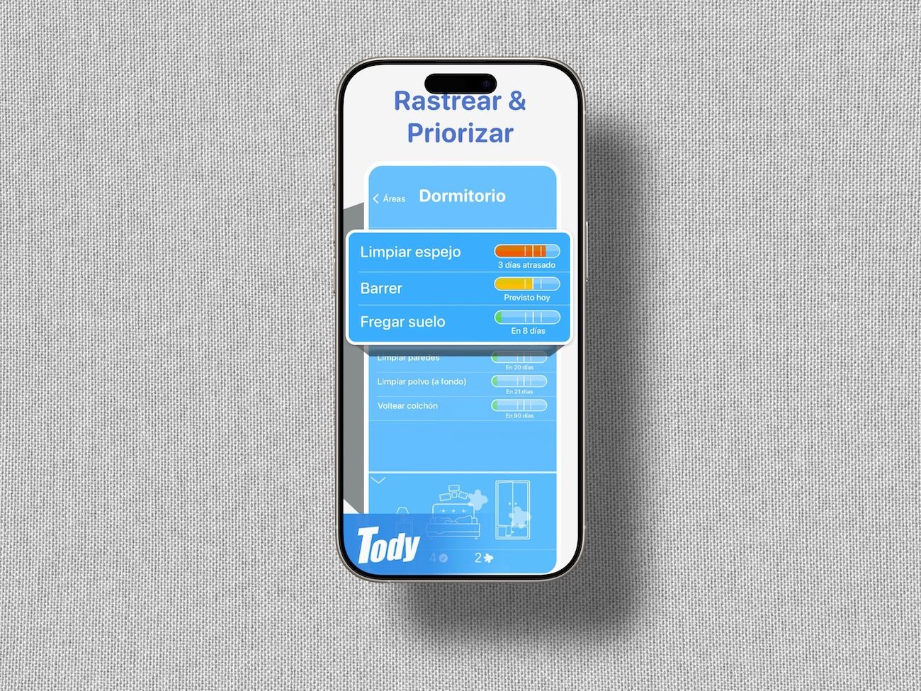 La pantalla de inicio de la app Tody cuenta con círculos de colores que indican el estado de limpieza de diferentes zonas de la casa, como el baño o la cocina