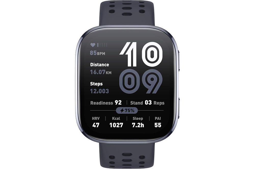 Una vista frontal detallada del reloj inteligente Amazfit Bip 6, que muestra su diseño de caja y correa