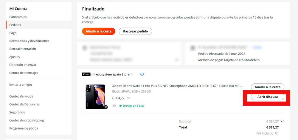 Disputa de AliExpress