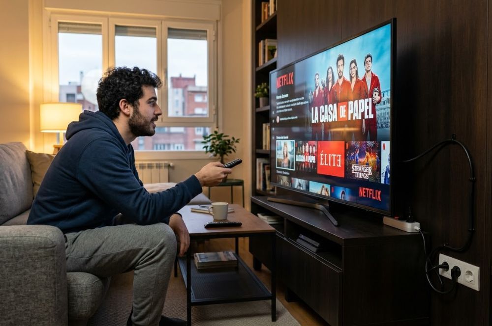 Hombre viendo Netflix en un televisor inteligente conectado