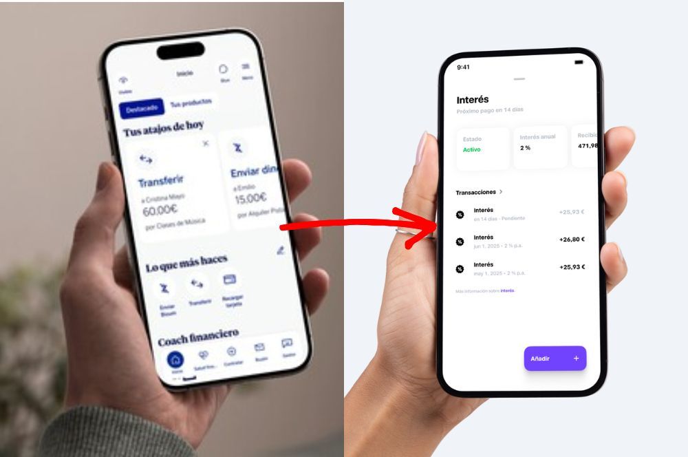 En la foto, la aplicación BBVA (izquierda) y la aplicación Trade Republic (derecha) con flechas que representan transferencias.