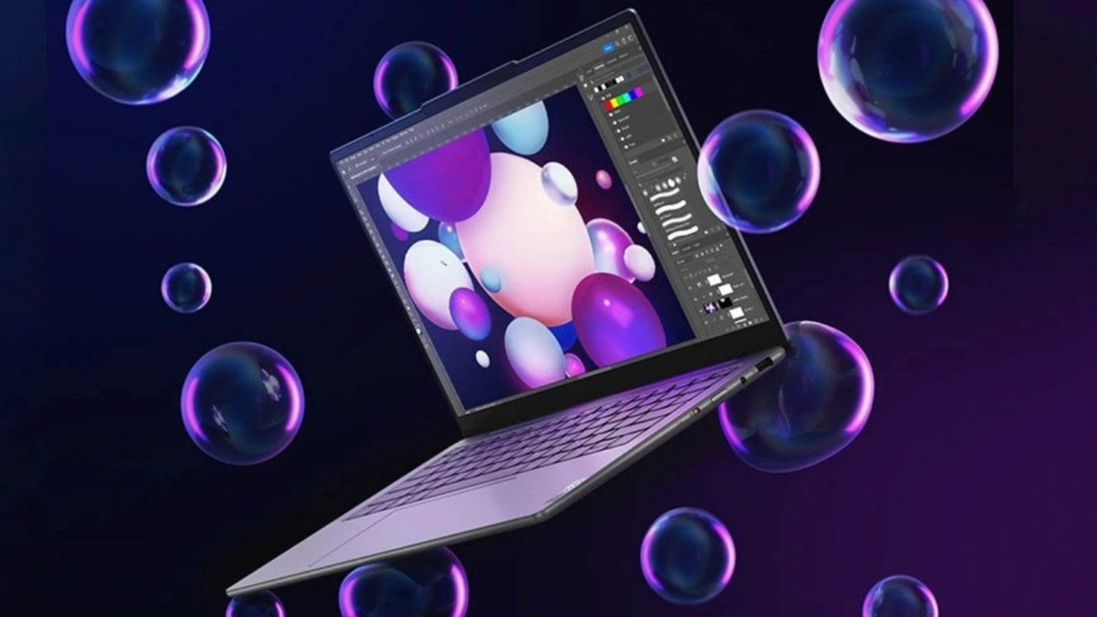 Computadora Lenovo con fondo de burbujas moradas