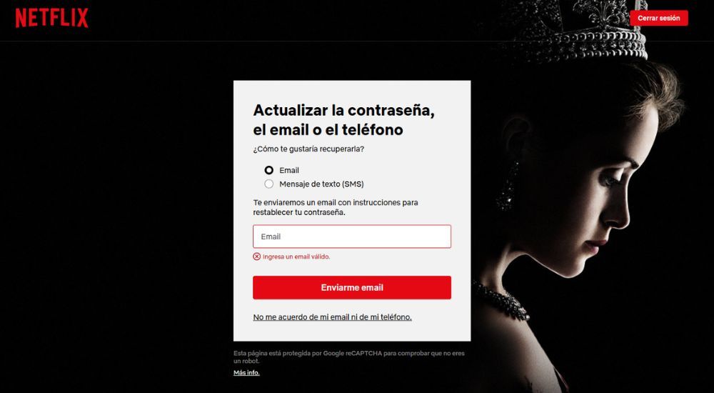 Página de Netflix para recuperar la contraseña del correo electrónico o del teléfono